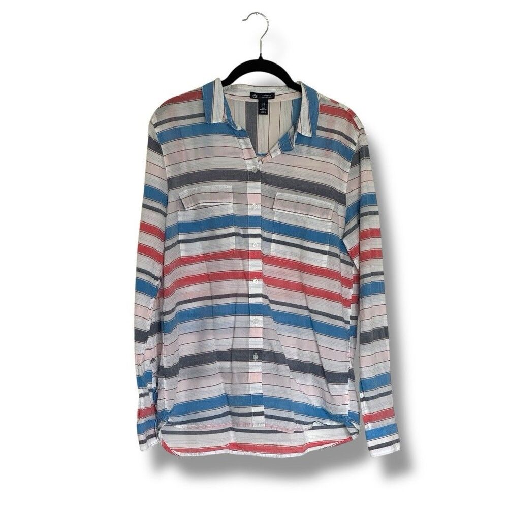Gap Women’s Lightweight Long Sleeve Button Up Stripe Top Small Red White Blue